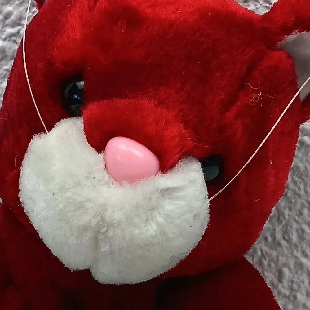Red Plush Cat Holding Gift Sitting Stuffed Lux Fur Vintage Holding Gift